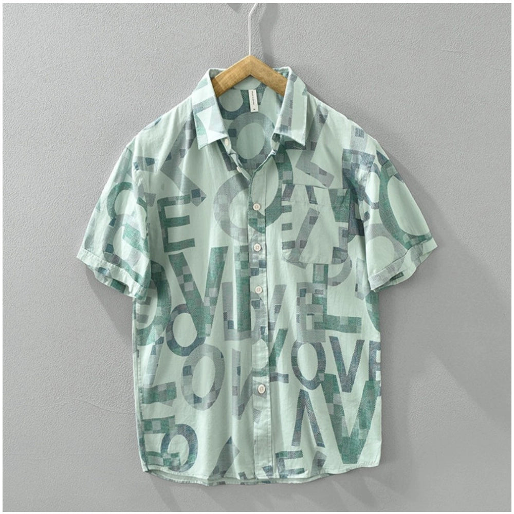 Green cotton casual shirt with printed 3/4th sleeves and collar