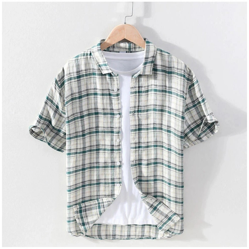 Blue cotton men's casual checked 3/4 sleeve collar shirt with intricate pattern, suitable for relaxed occasions