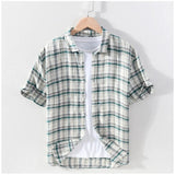 Blue cotton men's casual checked 3/4 sleeve collar shirt with intricate pattern, suitable for relaxed occasions