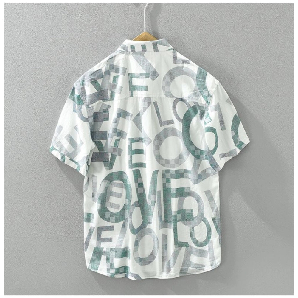 Men's casual printed 3/4th sleeve cotton shirt (white), vibrant design on soft fabric for laid-back style