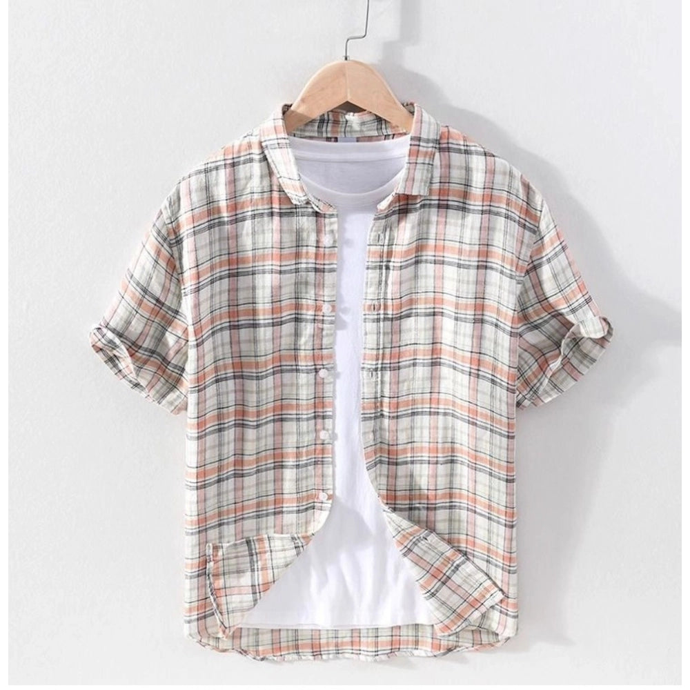 Orange cotton casual checked 3/4 sleeve collar shirt with subtle pattern detail