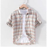 Orange cotton casual checked 3/4 sleeve collar shirt with subtle pattern detail