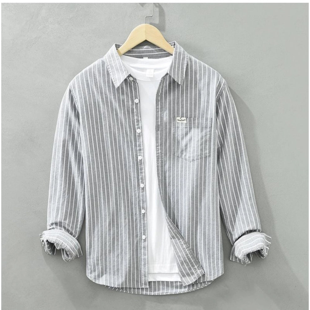 Grey cotton striped men's casual full sleeve collar shirt with vertical patterns, ideal for everyday wear