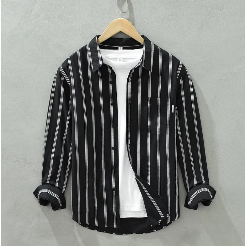 Black cotton striped men's casual full sleeve collar shirt - fashionable office wear