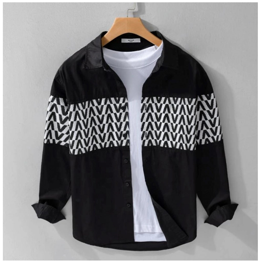 Men's black cotton printed full sleeve collar shirt - casual style with detailed print design on chest