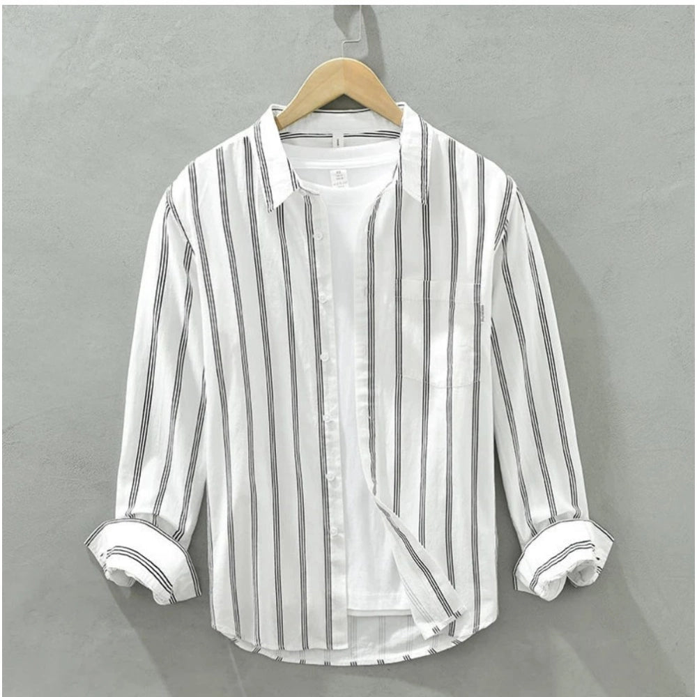Men's casual cotton striped full sleeve collar shirt - White, classic style for everyday wear