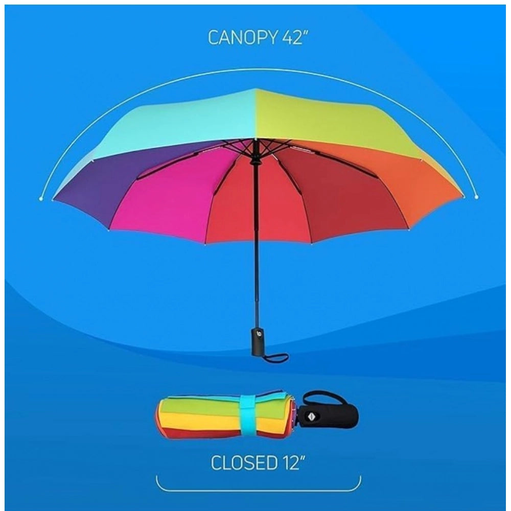 Rainbow metal travel umbrella for auto use, portable design for outdoor activities