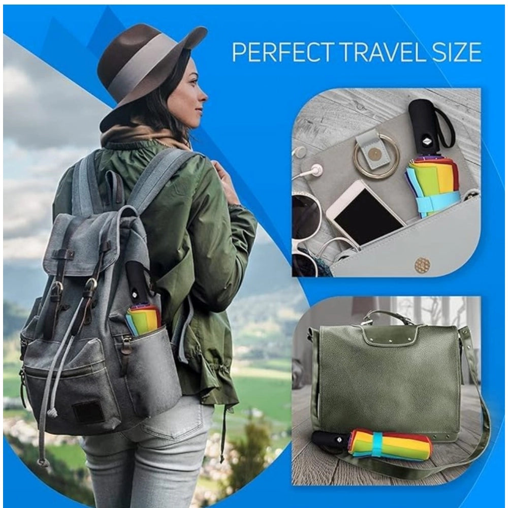Metal rainbow-hued travel umbrella, portable for auto use