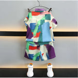 Multi-colored Lycra blend boys' short sleeve shirt & shorts set, patterned athletic wear for active play