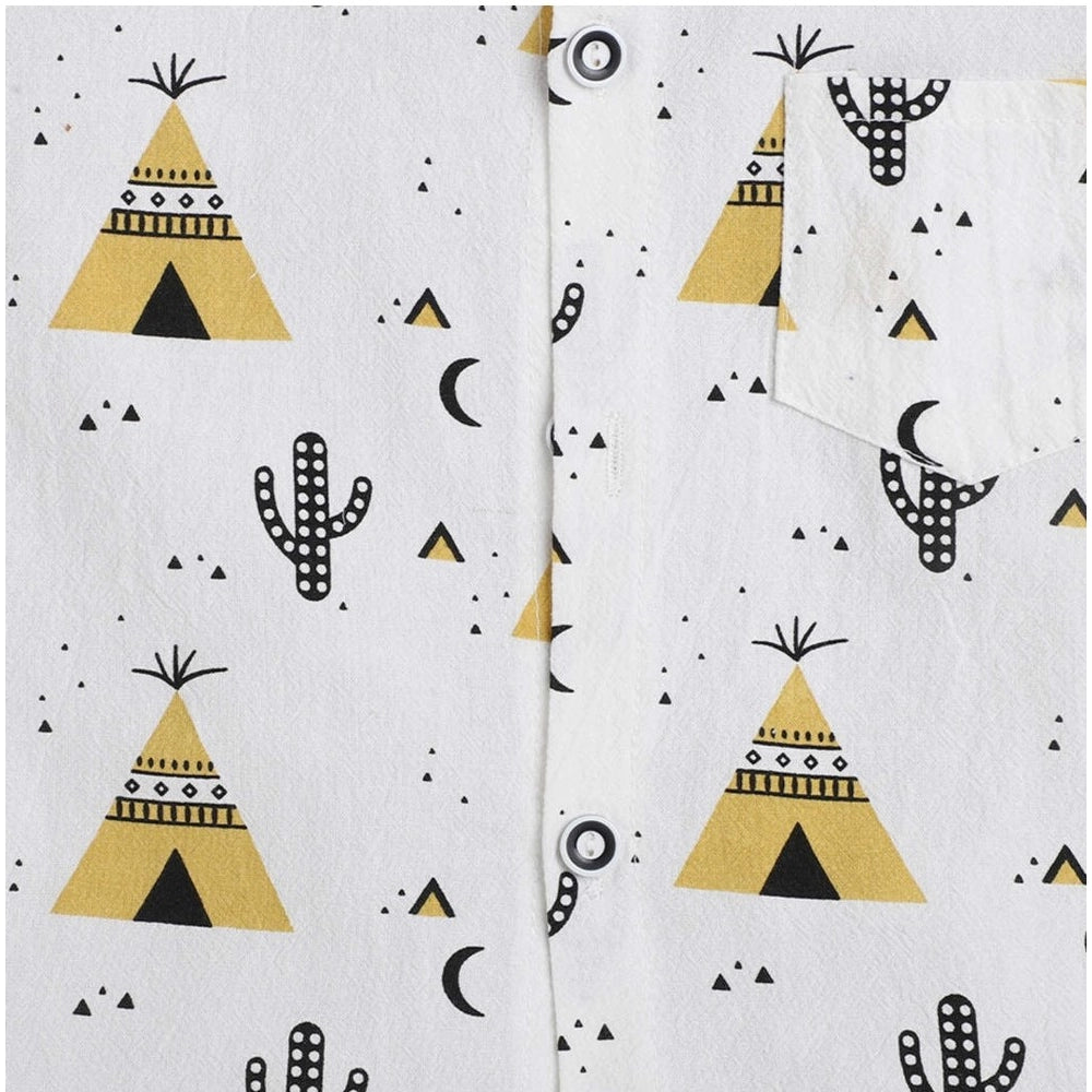 White cotton blend boy's short set, printed sleeve shirt & shorts with vibrant pattern