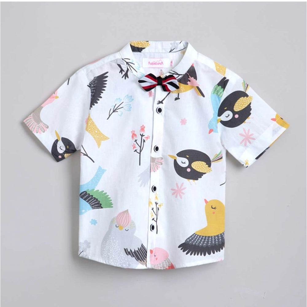 White cotton blend boy's printed short sleeve shirt & shorts set, casual summer outfit for kids on display