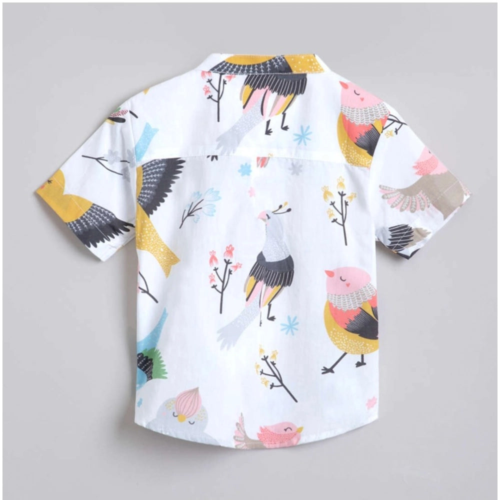 White cotton blend boy's short sleeve shirt & shorts set, printed pattern for summer play