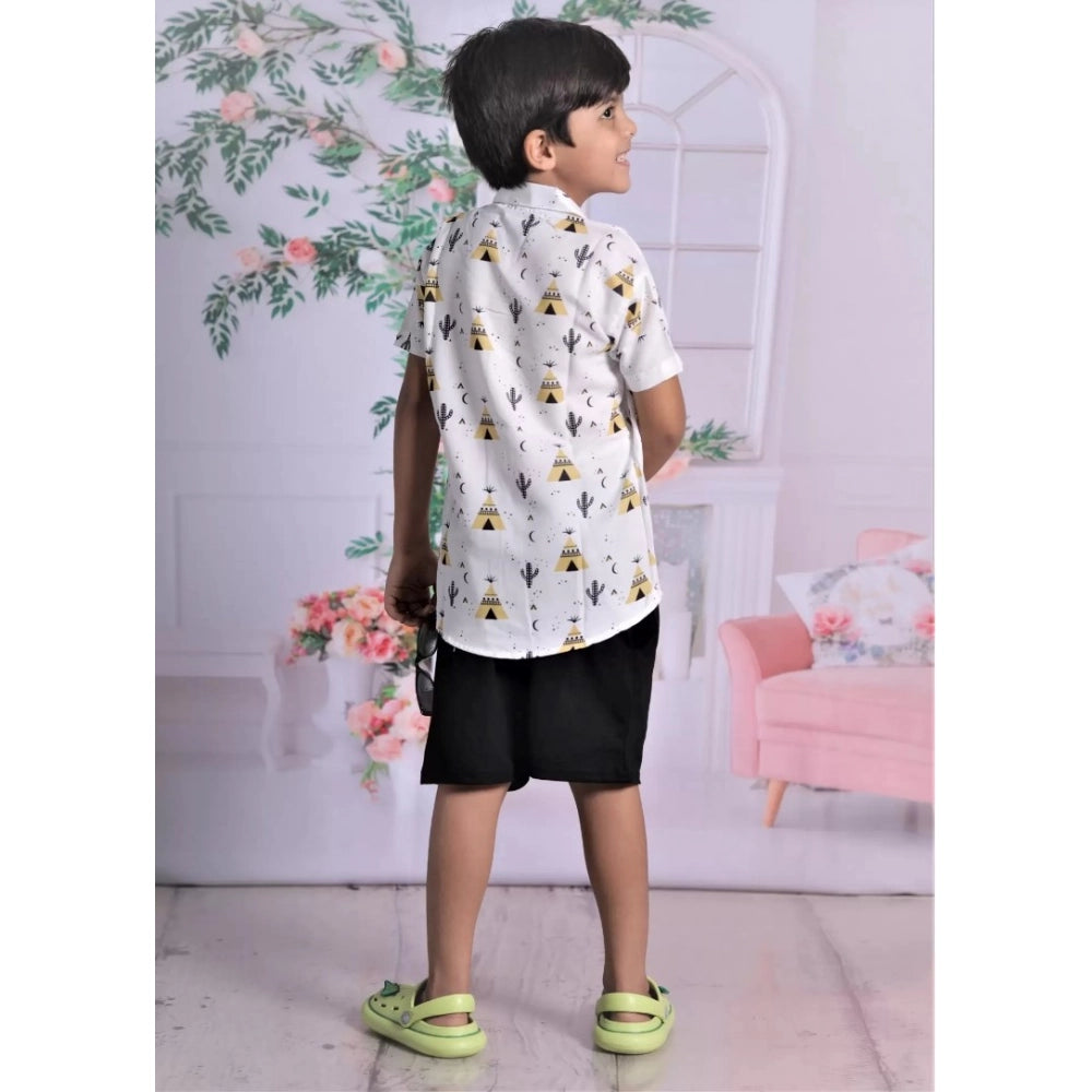White cotton blend boy's printed short sleeve shirt & shorts set for kids, vibrant patterns on light background