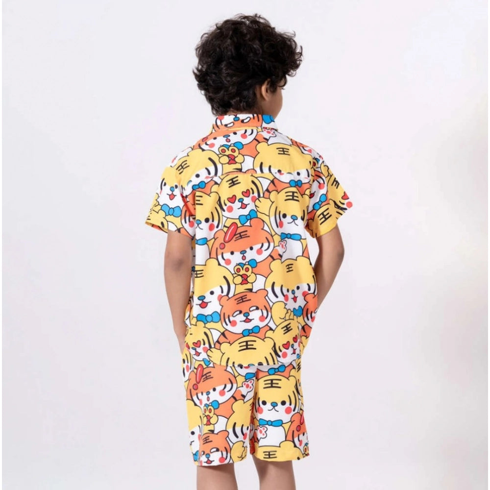 Multicolor Lycra blend printed short sleeve shirt and shorts set for kids, ideal for active play