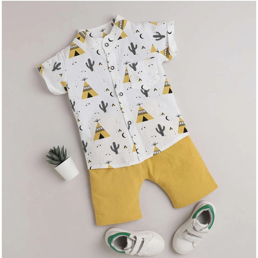 White cotton blend boy's printed short sleeve shirt & shorts set with vibrant pattern, ideal for casual play