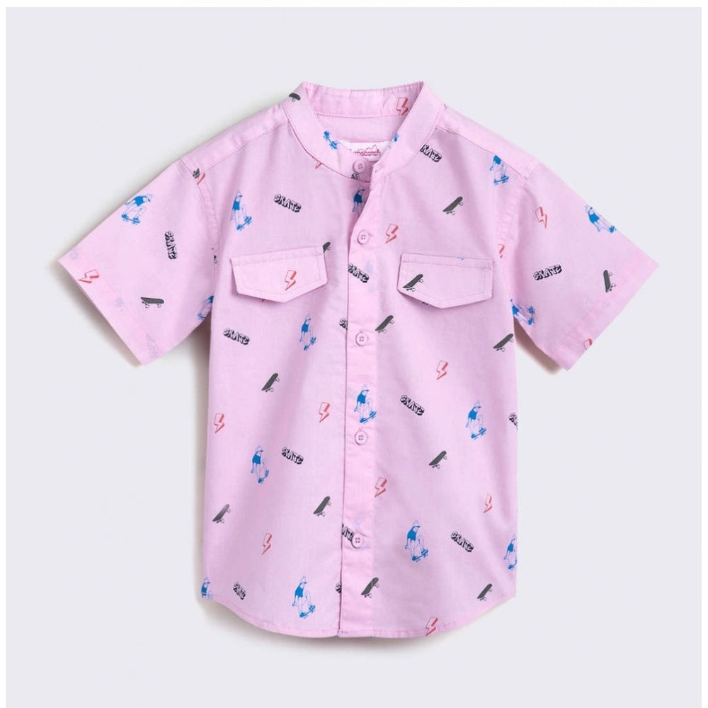 Pink cotton blend printed short sleeve shirt & shorts set for kids