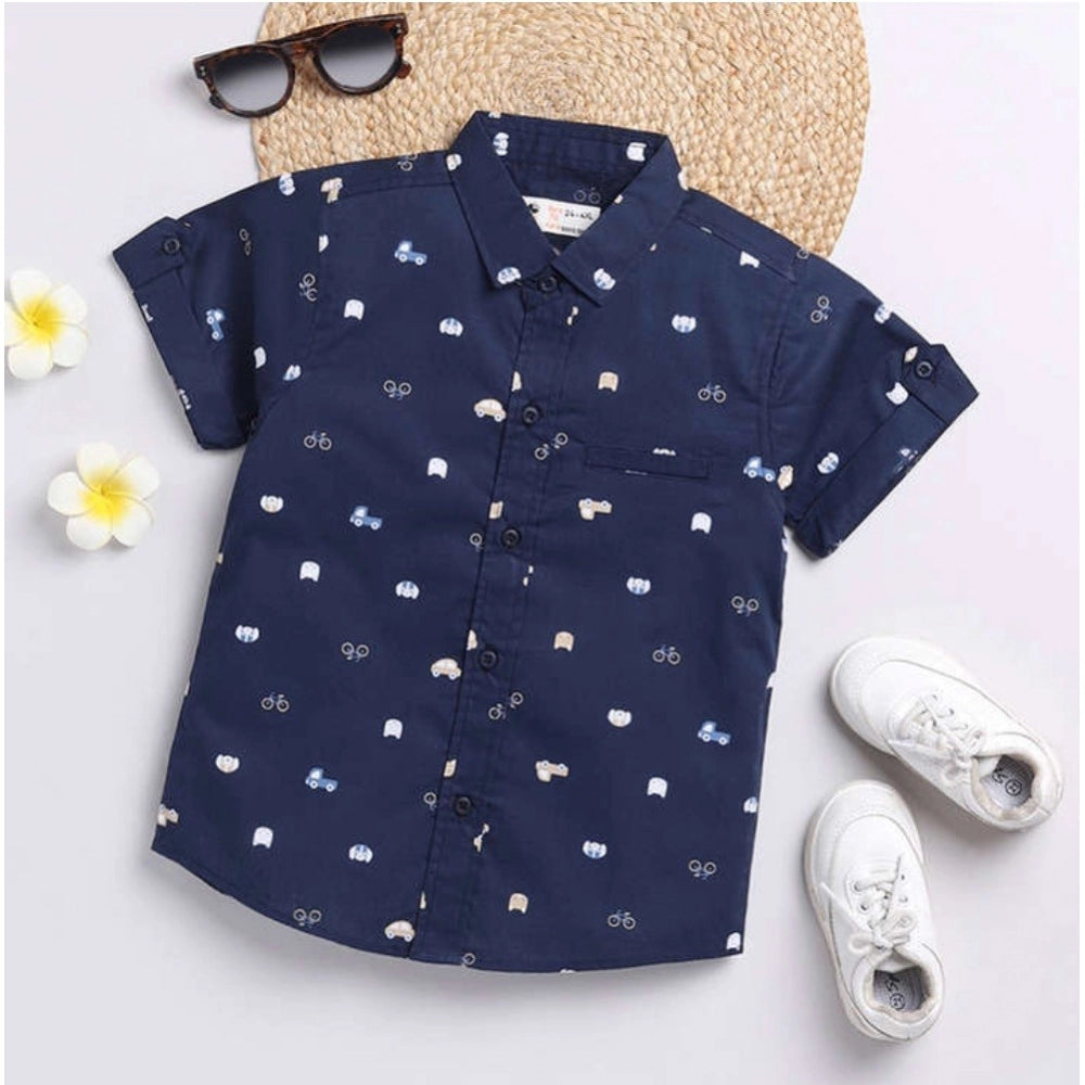 Navy blue cotton blend printed short sleeve shirt & shorts set for boys