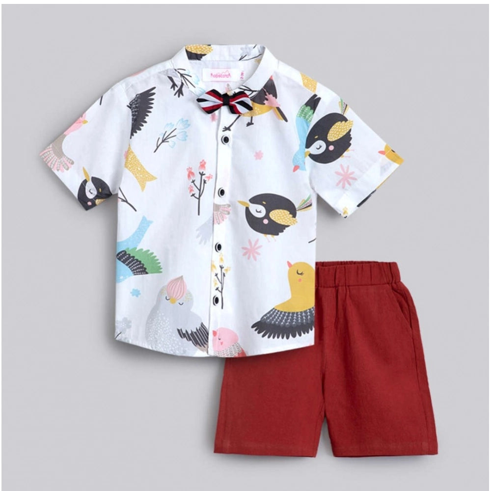 White cotton blend printed short sleeve shirt and shorts set for kids, suitable for playtime or casual events