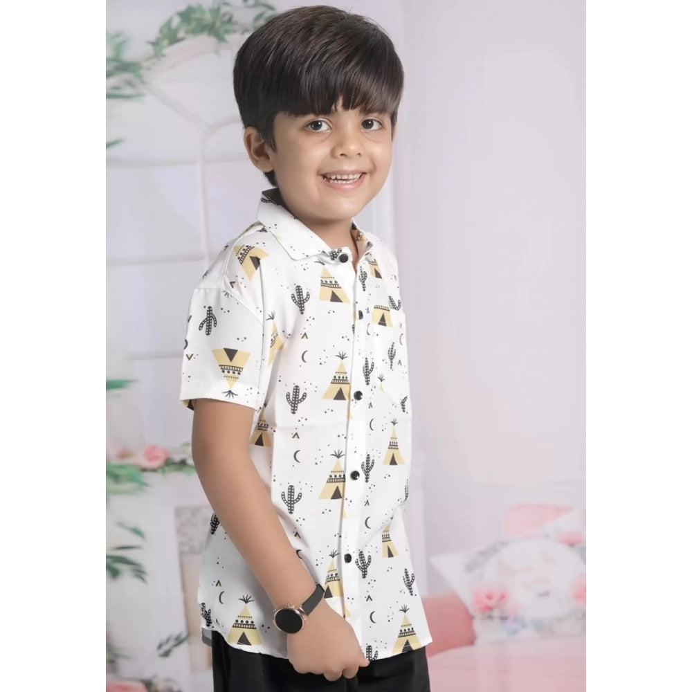 White cotton blend boy's printed short sleeve shirt & shorts set, vibrant design for playtime activities