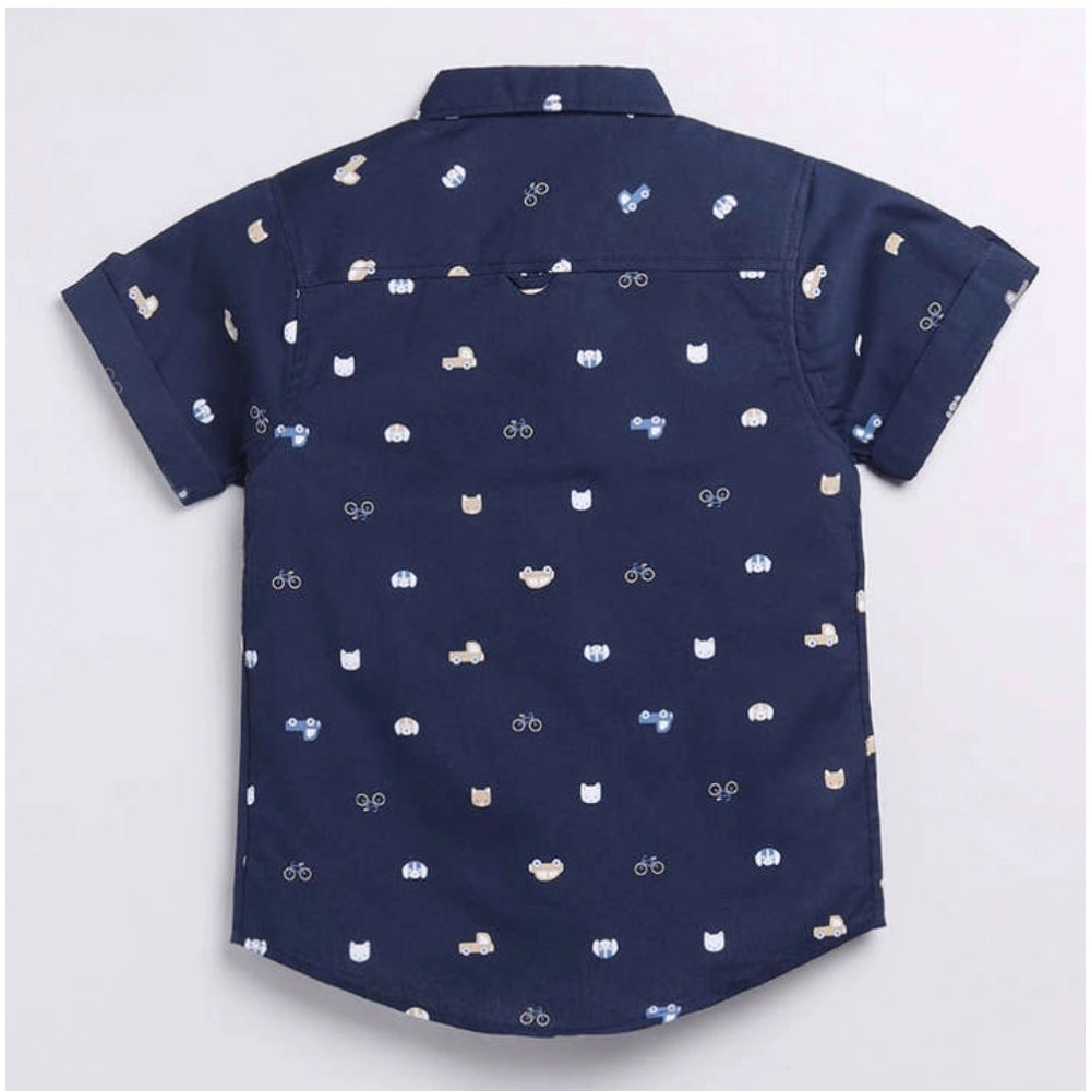 Navy blue cotton blend printed short sleeve shirt for kids, vibrant pattern design on soft fabric