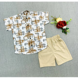 MultiColor cotton blend boy's printed short sleeve shirt and shorts set, vibrant patterns on casual clothing for kids playtime
