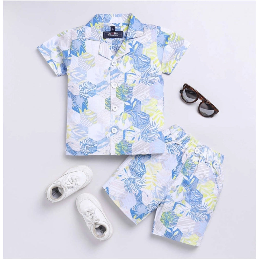 Multi-color cotton blend printed short sleeve shirt and shorts set for kids, featuring lycra blend materials