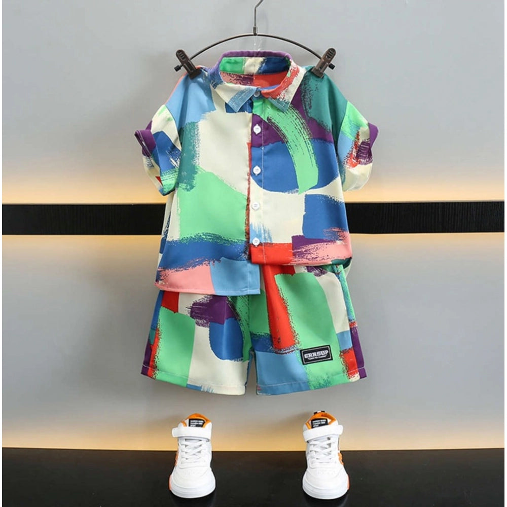 MultiColor Lycra blend printed short sleeve shirt & shorts set for kids, vibrant patterns on activewear