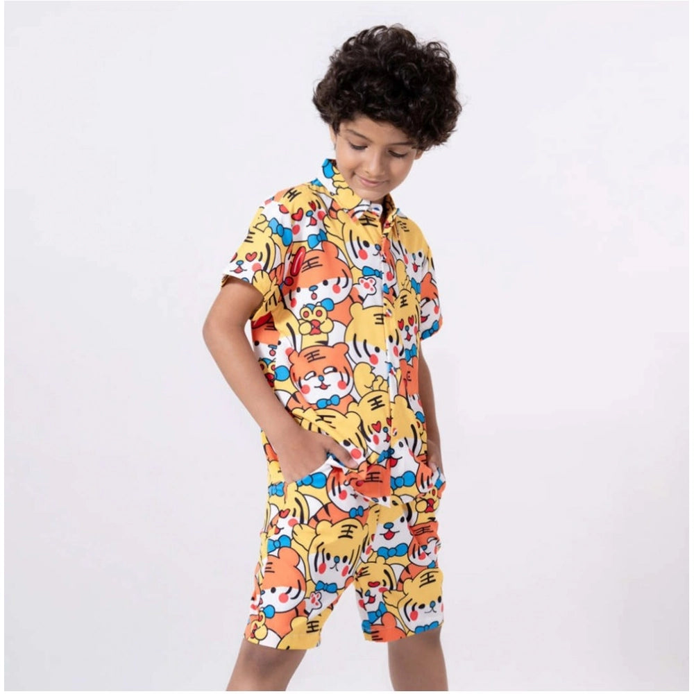 MultiColor Lycra Blend kids' activewear set with printed short sleeve shirt and shorts, ideal for playtime and sports