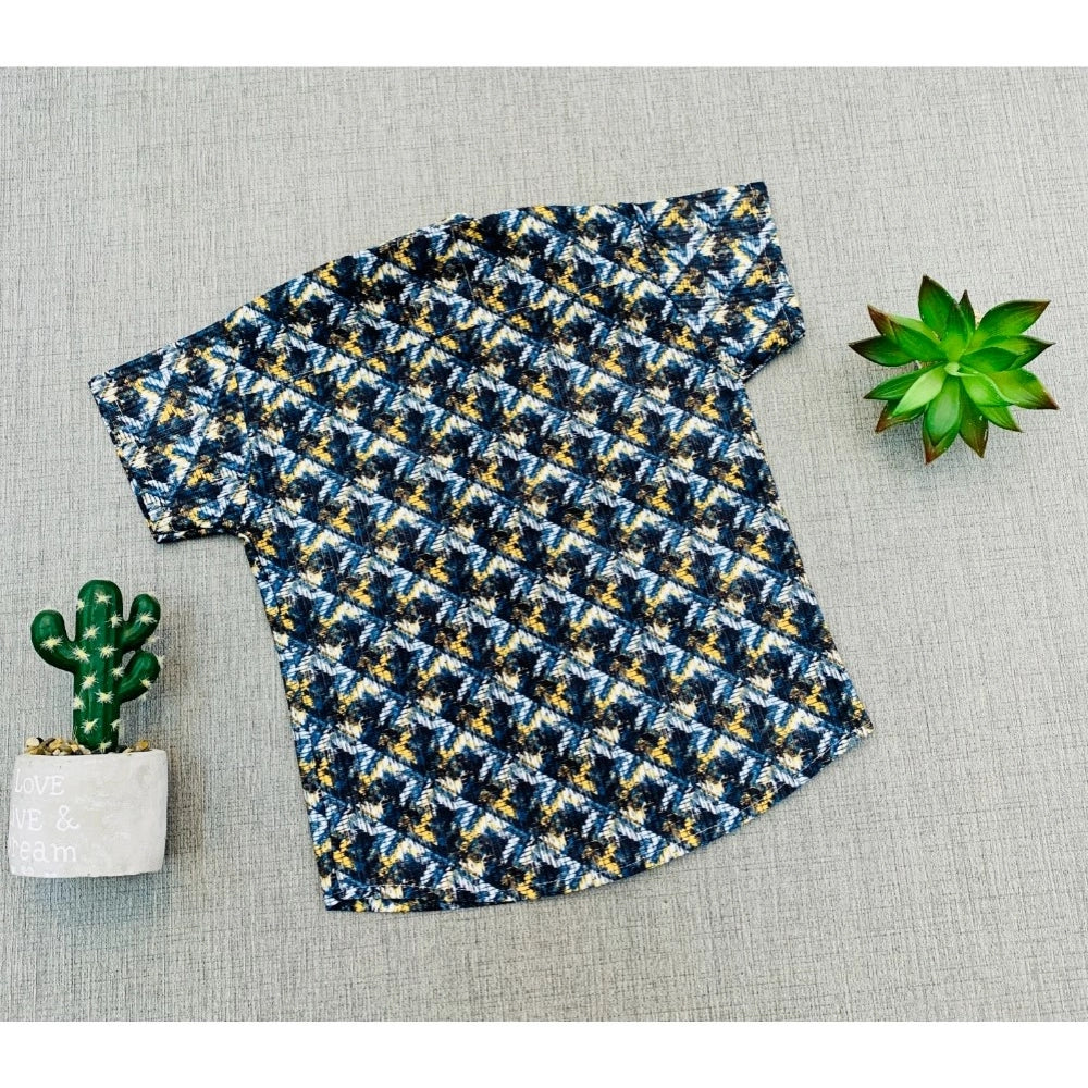 Boy's multi-colored printed cotton blend short sleeve shirt, vibrant pattern for kids' playwear