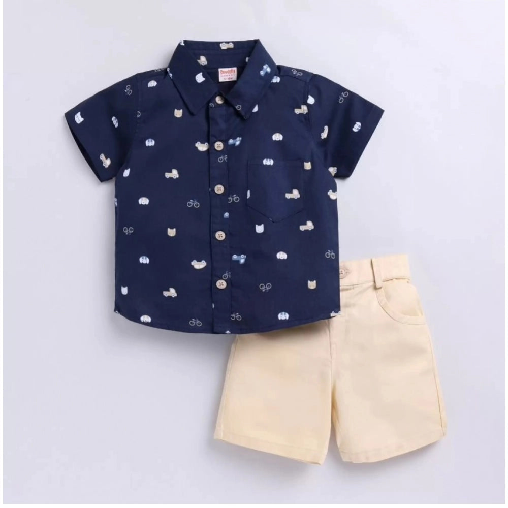 Navy blue cotton blend printed short sleeve shirt and shorts set for kids, casual summer outfit on grassy lawn