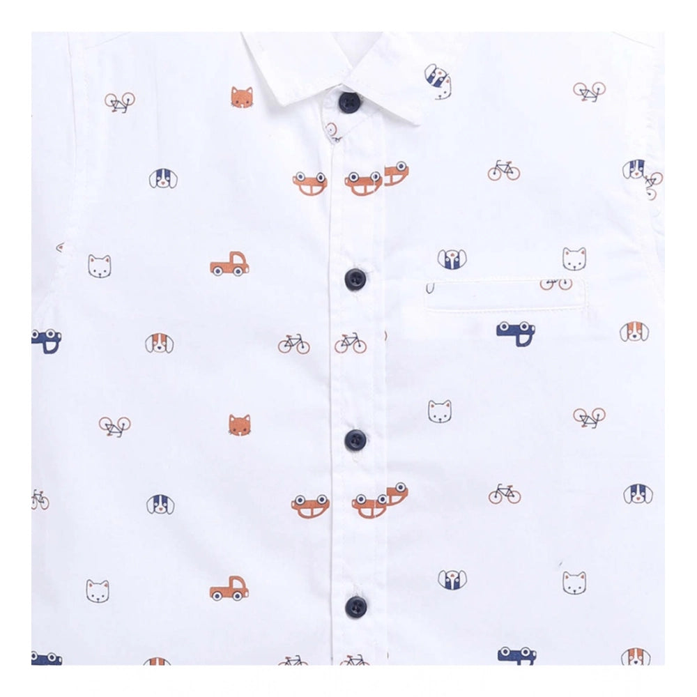 White cotton blend printed short sleeve shirt & shorts set for kids, perfect for casual play