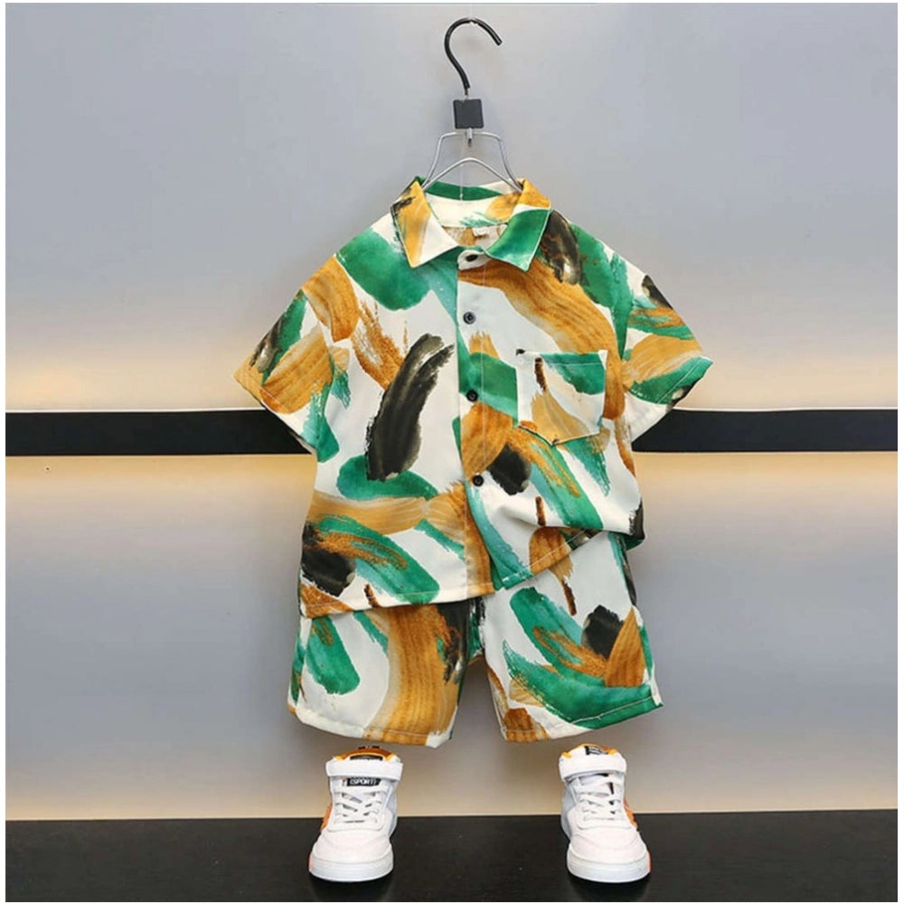 MultiColor lycra blend printed short sleeve shirt & shorts set for kids, activewear on grass