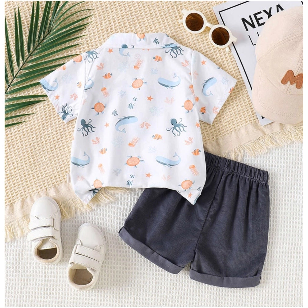 Multi-color cotton blend boy's short sleeve shirt & shorts set with printed pattern, ideal for active play