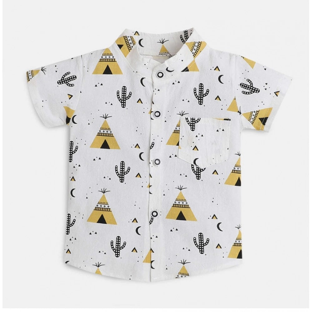 White cotton blend printed short sleeve shirt and shorts set for kids, casual summer outfits on display
