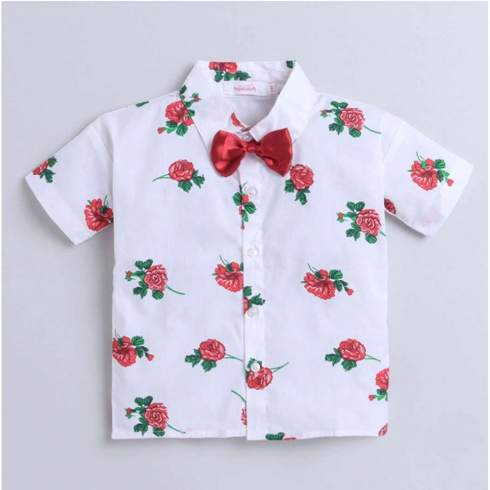 White cotton blend boy's printed short sleeve shirt & shorts set for kids, stylish and comfortable casual wear