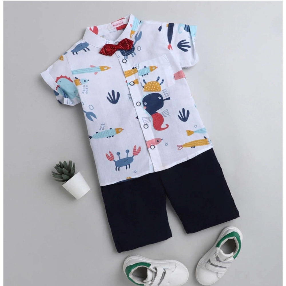 White cotton blend printed short sleeve shirt & shorts set for kids, perfect for casual playtime