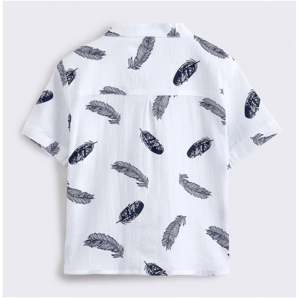 White cotton blend printed short sleeve shirt and shorts set for boys, vibrant pattern detail on kids' clothing