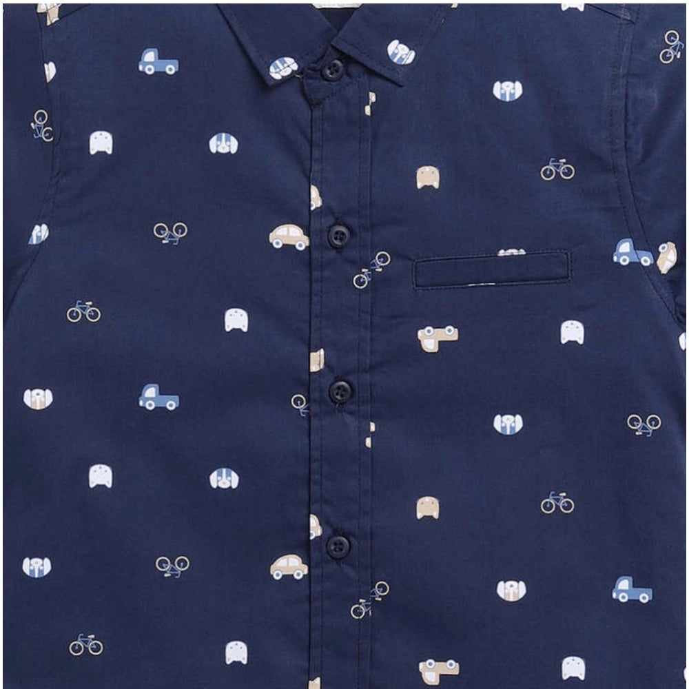 Navy blue cotton blend printed short sleeve shirt for boys, kid-friendly fashion with vibrant design