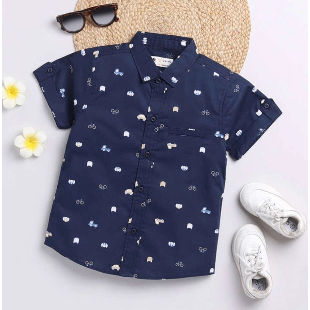 Navy blue cotton blend printed short sleeve shirt for kids, versatile casual wear