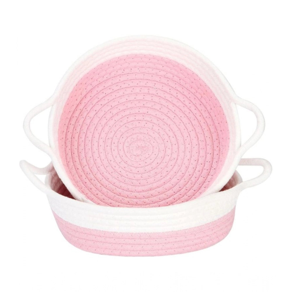 Cotton White Basket 2 Pcs Storage Basket For Clothes (Pink)