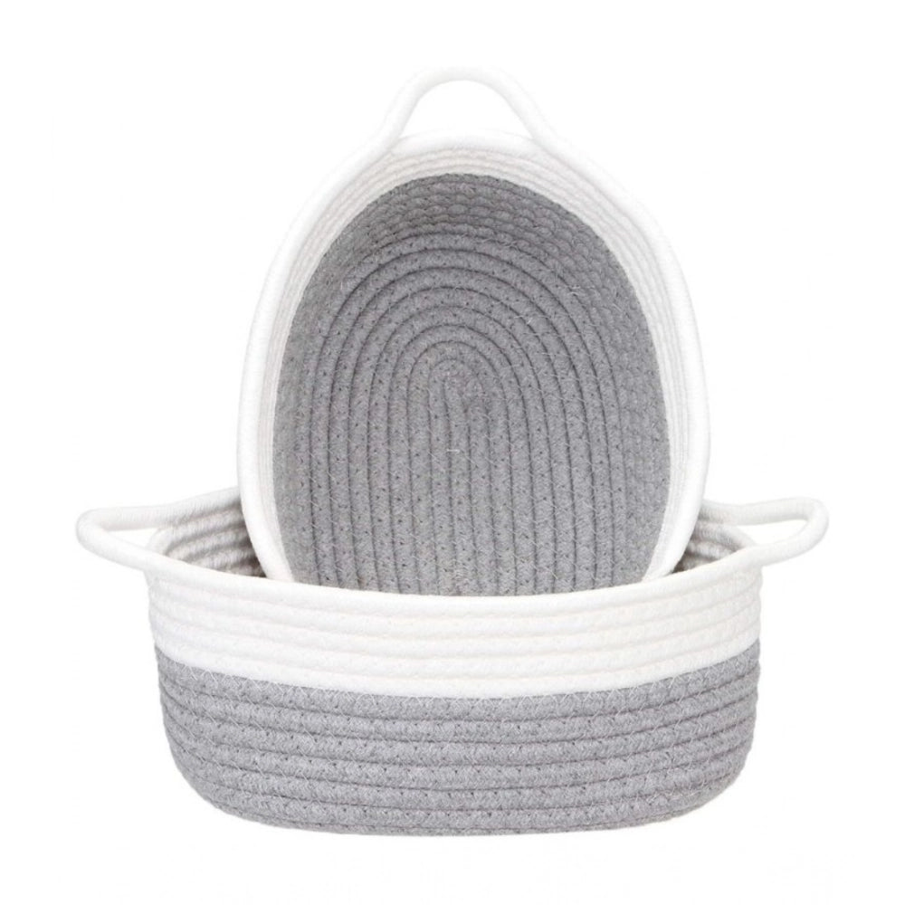 Cotton Grey White 2 Pcs Storage Basket For Clothes (Grey)