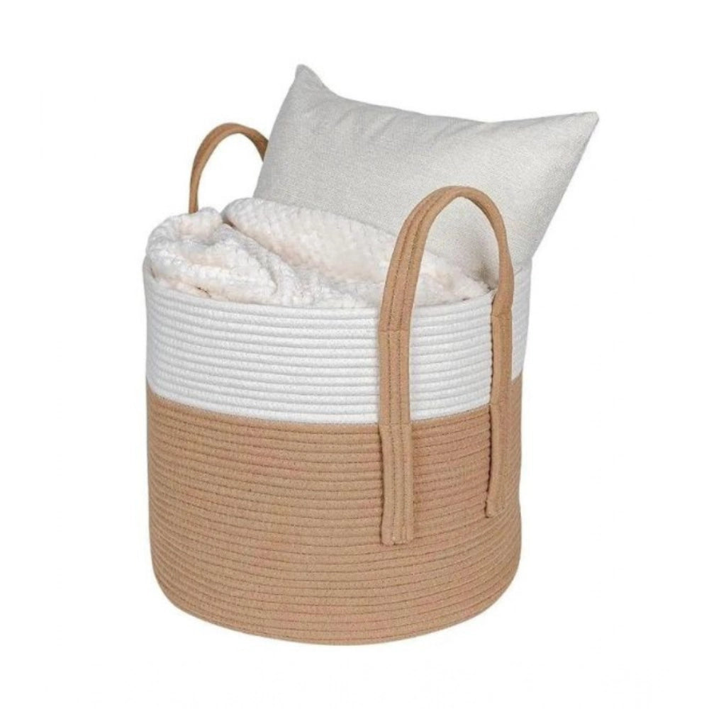 Cotton With Handle Pack of 1 Storage Basket For Clothes (White)