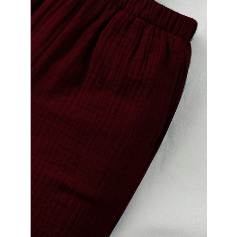 Maroon popcorn solid short sleeve shirt and shorts set for boys, playful popcorn pattern on clothing