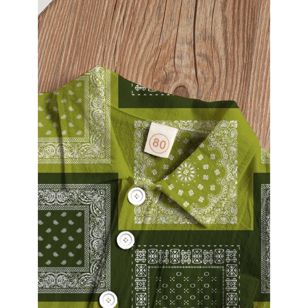 Green twill cotton printed short sleeve shirt and shorts set for boys, collar neck type with short sleeves