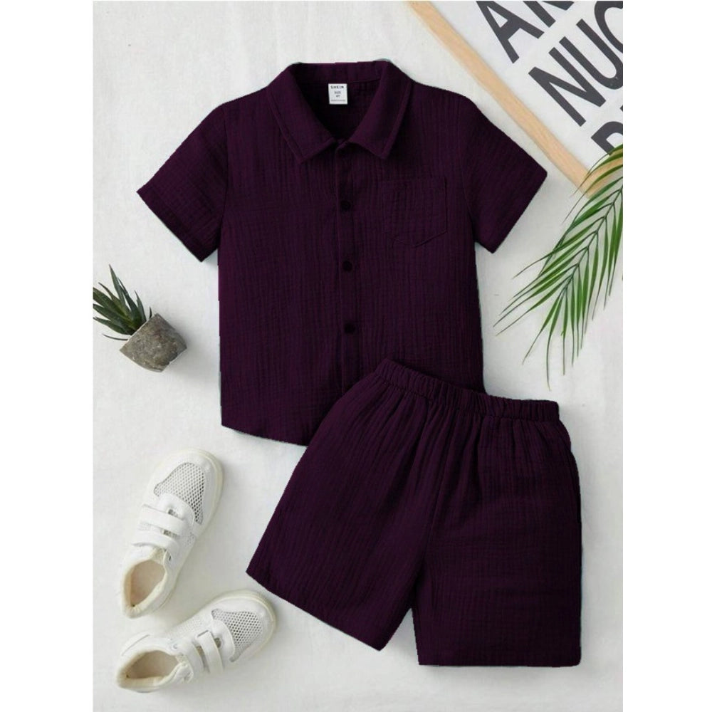 Wine popcorn solid shirt-short set for boys, solid pattern on short sleeves