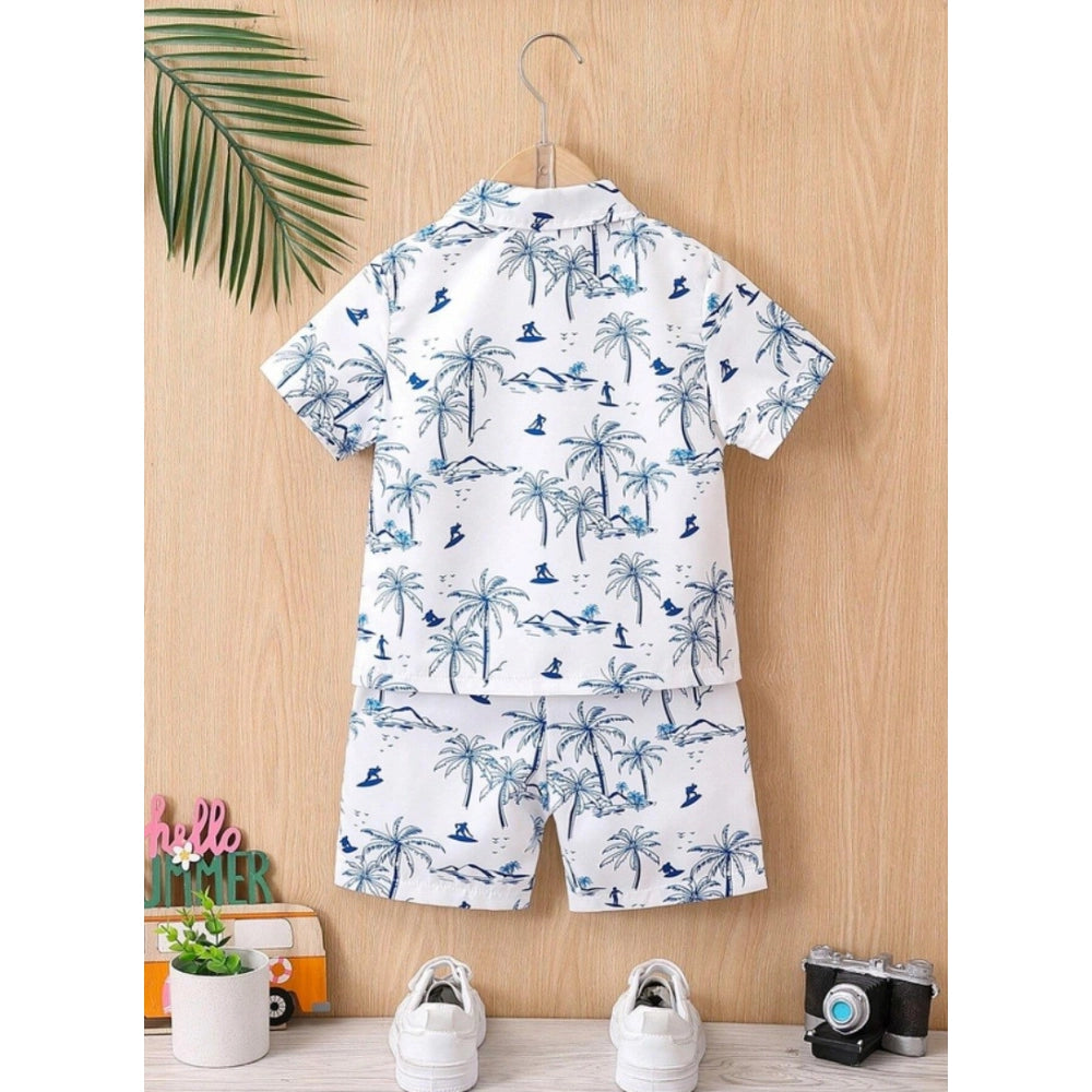 Blue twill cotton printed shirt & shorts set for boys, collared short sleeves on display