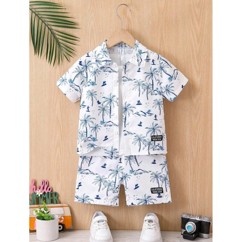 Blue twill cotton printed short sleeve shirt and shorts set for boys, collar neck with short sleeves