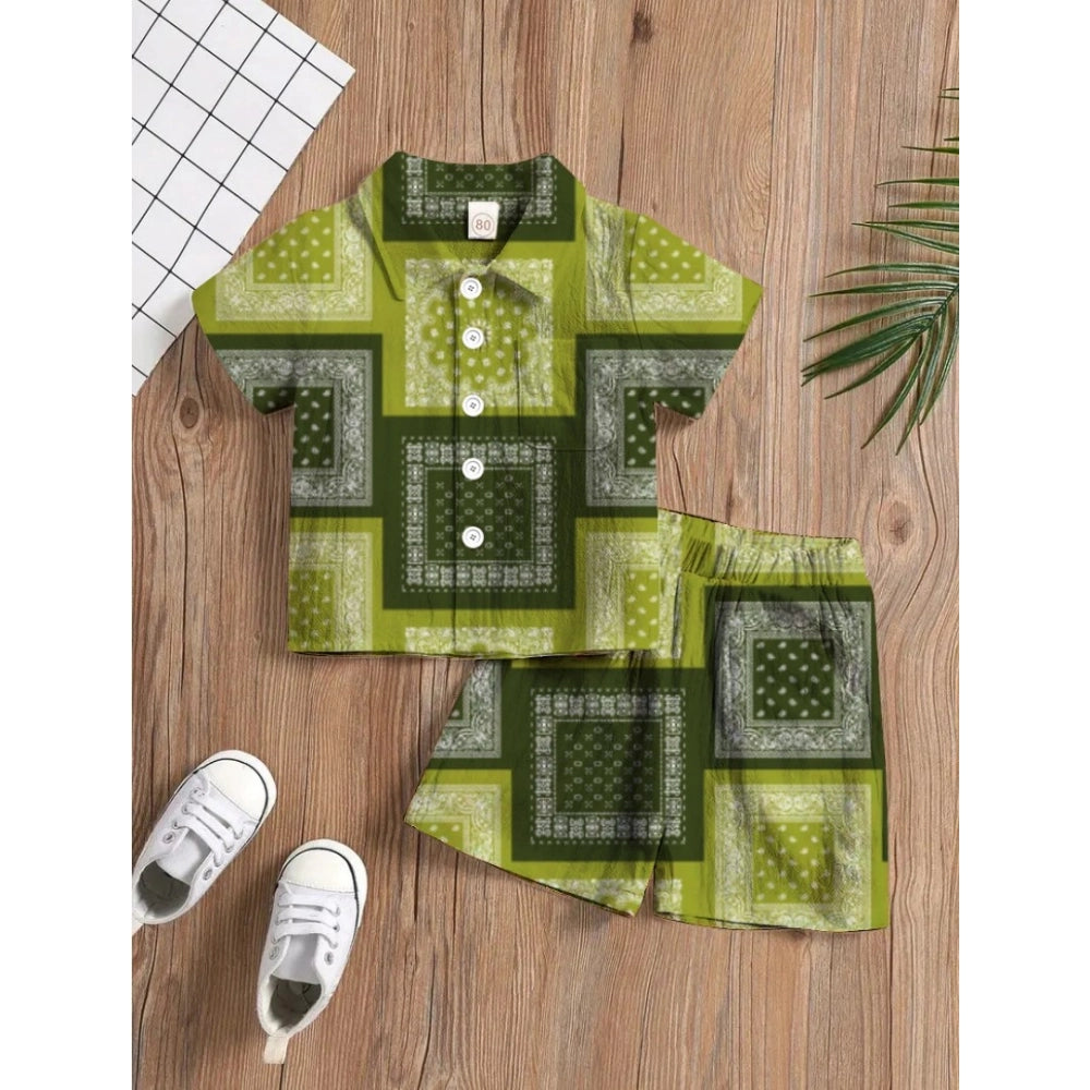 Green twill cotton short sleeve shirt & shorts set for boys with printed design