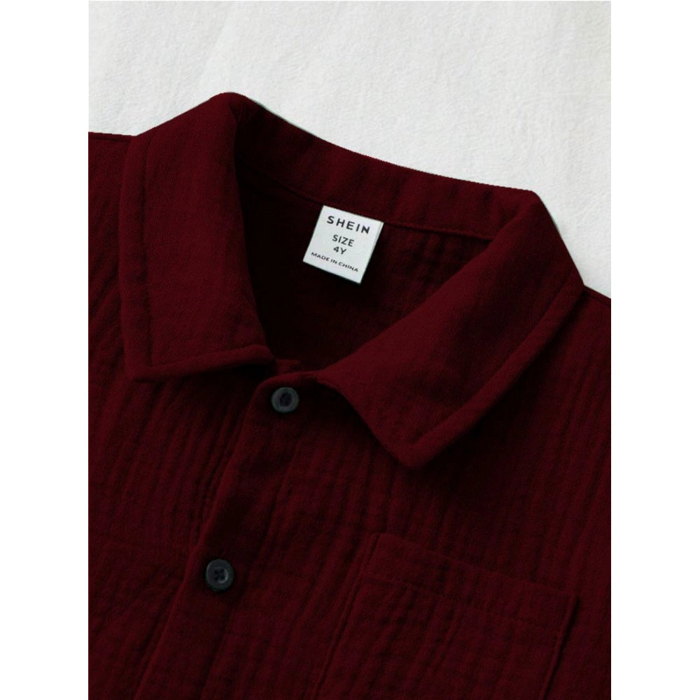 Maroon popcorn solid short sleeve shirt and shorts set for boys, durable fabric and classic style