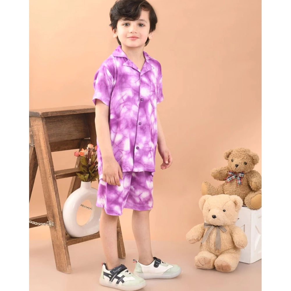 Pink twill cotton printed shirt-short set for boys, collar sleeve short sleeves on display